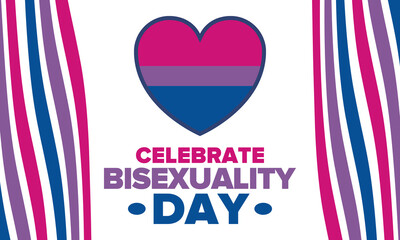 Celebrate Bisexuality Day. Bisexual Pride and Bi Visibility Day. Bisexual flag. Coming out. Celebrated annual in September 23. Festival and parade. Poster, card, banner, template, background. Vector