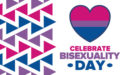 Celebrate Bisexuality Day. Bisexual Pride and Bi Visibility Day. Bisexual flag. Coming out. Celebrated annual in September 23. Festival and parade. Poster, card, banner, template, background. Vector