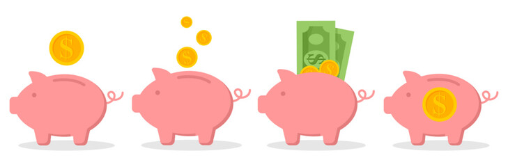 set piggy bank with coin. Icon saving or accumulation of money, investment, donat. Outline money box icon, with editable stroke. Piggy bank with dollar sign, moneybox pictogram. Piggybank, investing 