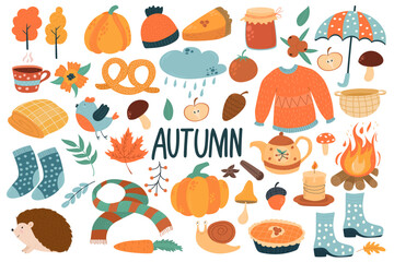 Naklejka premium Big vector set with autumn attributes. Sweater, duty, pastries, hot tea, cinnamon, candle, yellow leaf, hat, scarf. Hello, Autumn. Illustration in modern cute style.