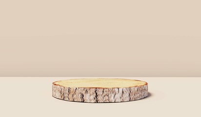 Wood slice podium with leaves shadows on beige background for cosmetic product mockup. 3d rendering