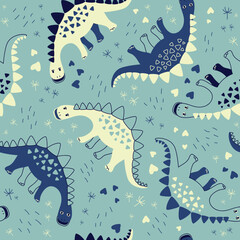Different dinosaurs set of patterns. Seamless patterns. Vector Background for fabric, textile, posters, gift wrapping paper. Print for kids, baby, children