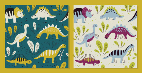 Different dinosaurs set of patterns. Seamless patterns. Vector Background for fabric, textile, posters, gift wrapping paper. Print for kids, baby, children