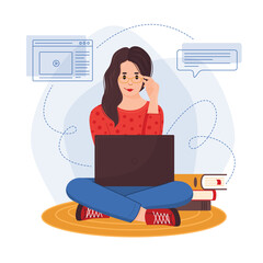 Online Remote work concept, vector illustration. Girl sitting at a computer, laptop. Online training, conference, webinar, courses, lessons, master classes, training video, work, online sales and pur