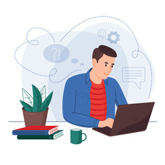 Online remote work concept,  illustration. Man sitting at a computer, laptop. Online training, conference, webinar, courses, lessons, master classes, training video, work, online sales
