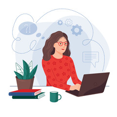 Online Remote work concept, vector illustration. Girl sitting at a computer, laptop. Online training, conference, webinar, courses, lessons, master classes, training video, work, online sales and pur