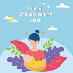Illustration vector graphic of mother breastfeeding child with flower and blue color background, perfect use for world breastfeeding week, like breastfeed posters, breastfeed flyers, etc.