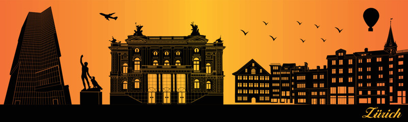 Zurich city skyline silhouette - illustration, 
Town in orange background
