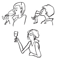 ワインを飲む女性の線画イラスト