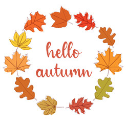Hello, Autumn. Set of autumn leaves and inscription hello autumn. Vector illustration isolated on white background