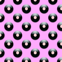 Seamless pattern retro music record for playing music on a pink background