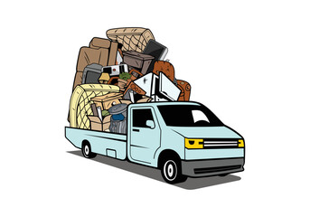 Cartoon pickup truck loaded full of household junk design illustration vector eps format , suitable for your design needs, logo, illustration, animation, etc. - obrazy, fototapety, plakaty