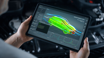 Mechanic engineer holding a digital tablet with engineering research software application on the screen, aerodynamic test of parameters data in the wind tunnel of an eco-friendly car body - obrazy, fototapety, plakaty