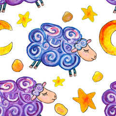 Watercolor illustration seamless pattern of purple and blue sheeps on white background with stars textiles for children