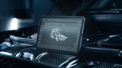 Process of wireless scanning and error analysis in a modern application on the tablet screen. The animation shows the projection of the internal combustion engine.