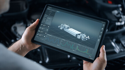 Application for a digital tablet for wireless diagnostics and analysis of the technical condition of the electric motor in the car and the state of the battery. Car model shown in 3D projection  - obrazy, fototapety, plakaty