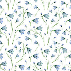 Seamless bluebell flower pattern. Watercolor background with blue wildflowers, leaves, bud. Ornament with plants for textile, wallpapers