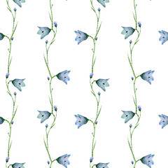 Seamless bluebell flowers pattern. Watercolor background with blue wildflowers, leaves, bud, petals, stem. Ornament with field plants for textile, wallpapers