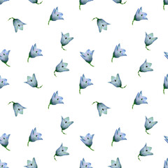 Seamless bluebell flowers pattern. Watercolor background with blue wildflowers, bud. Ornament with field flower for textile, wallpapers