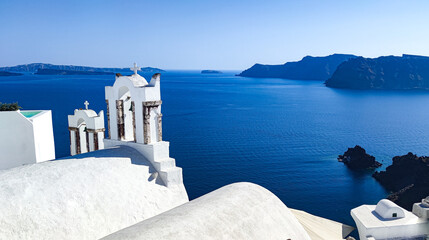 photography of point view from OIA village in santorini island, greece to the caldera volcano with...