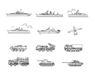 Vector line set of warships and military technical transport