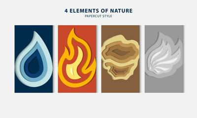 Illustration papercut vector graphic of 4 element of nature. water blue, fire red, earth brown and air gray. this artwork good for phone wallpaper, advertise element, cover book, identity element, etc