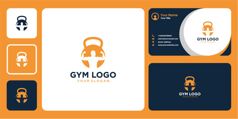 gym logo design with strength or barbell and business card