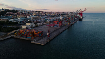 Aerial view of a Cargo pier in Lisbon, Portugal