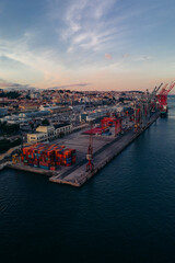 Aerial view of a Cargo pier in Lisbon, Portugal