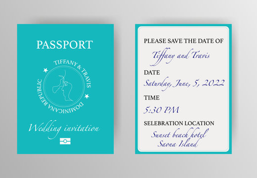 Passport wedding invitation navy blue background. Original design of wedding invitation. Invitation card design.