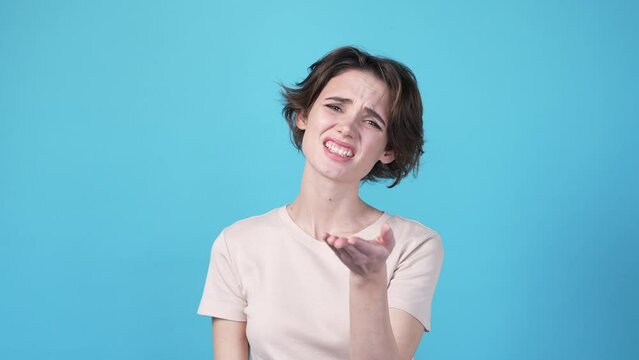 Lady feel frustration forget friend birthday isolated on blue color background