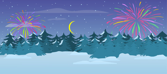 Fototapeta na wymiar Winter background with Christmas trees, snowdrifts, fireworks and moon. Vector illustration.
