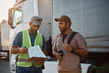 Truck driver and his dispatcher analyzing shipment list on parking lot.