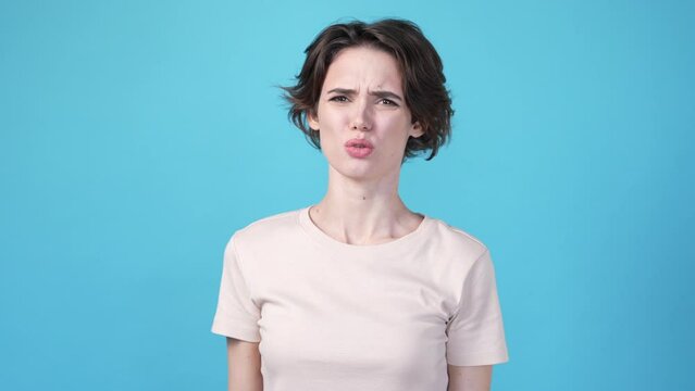 Furious lady deny friend idea screaming isolated on blue color background