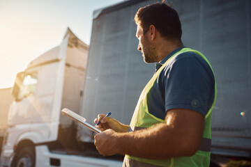 Cargo dispatcher checking shipment list on truck parking lot.