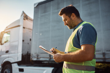 Cargo transportation manager taking notes while going through checklist on parking lot.