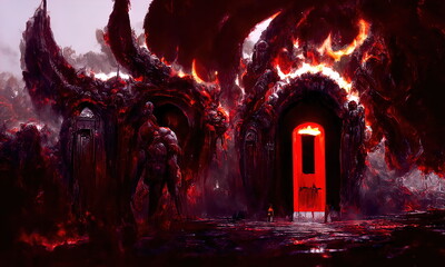 Purgatory, fire in hell. A crowd of sinful people is burning in hell in hellfire. The gateway to the infernal underworld. Devils demons and ghouls torment sinful people. 3d illustration - obrazy, fototapety, plakaty