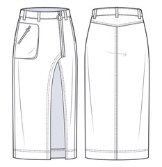 Asymmetric Denim Skirt technical fashion illustration. Midi Skirt fashion flat sketch template, zip up, front pocket, front slit, front and back view, white, CAD mockup. - obrazy, fototapety, plakaty