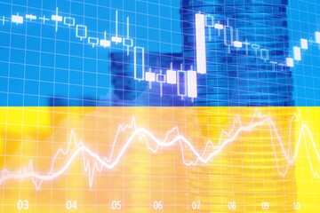 Ukraine flag and stacking coins. Stock market investment trading financial, trade losses during the war, Business losses on stock market chart.