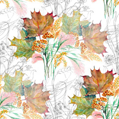 Watercolor autumn maple leaves with meadow grass. Seamless pattern on white background.