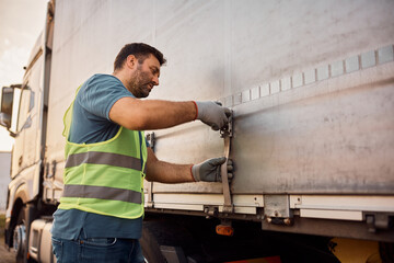 Mid adult driver tightening truck tarpaulin on parking lot.