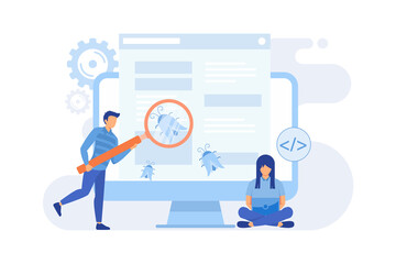 Software testing IT software application testing, quality assurance, QA team, bug fixing, automation and manual, website and mobile flat design modern illustration