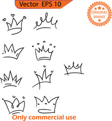 Crown logo icon set. Black elements isolated on transparent background. Doodle crowns. Vector of the crown. Clip art. High resolution 