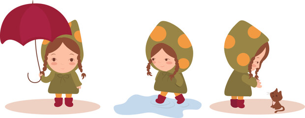 Set autumn illustration of a Cute little Girl Wearing an Green Raincoat.