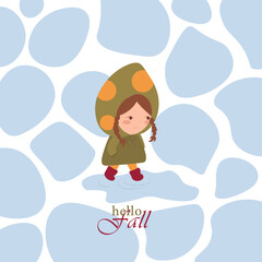 Cute smiling girl jumping in puddle. Theme autumn.