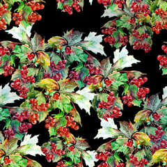 Meadow red berry painted in watercolor. Seamless pattern on black background. Illustration for decoration.