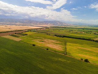 Fototapeta premium Fantastic landscape, aerial photography from a drone of farmers' fields against the background of mountains. Farm lands and fields are not far from Almaty.