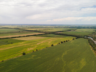 Obraz premium Fantastic landscape, aerial photography from a drone of farmers' fields against the background of mountains. Farm lands and fields are not far from Almaty.