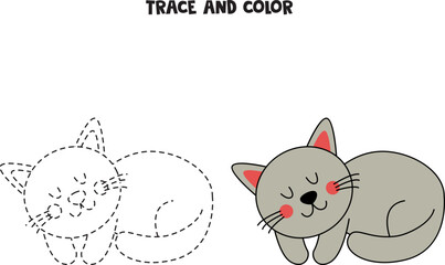 Trace and color cute hand drawn cat. Worksheet for children.