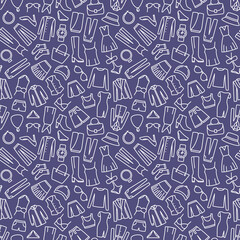 Seamless pattern with woman clothes and accessories line icon. Vector illustration